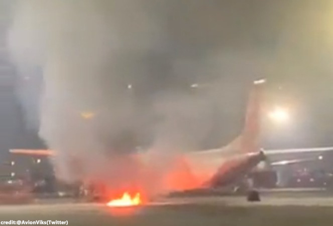 SpiceJet Q400 aircraft's engine catches fire at Delhi airport