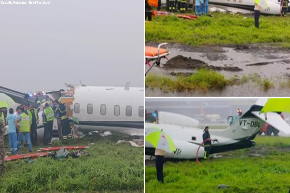Private Jet Skids off at Mumbai Airport Runway crashes while landing, 8 injured