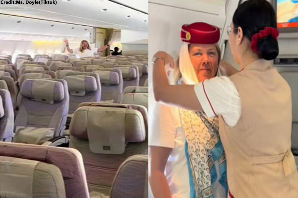 Mother and daughter are the only passengers on Emirates Economy flight